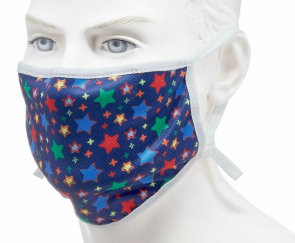 Mundschutzmaske mit Metallbügel im Nasenbereich und adjustierbaren, elastischen Bändern